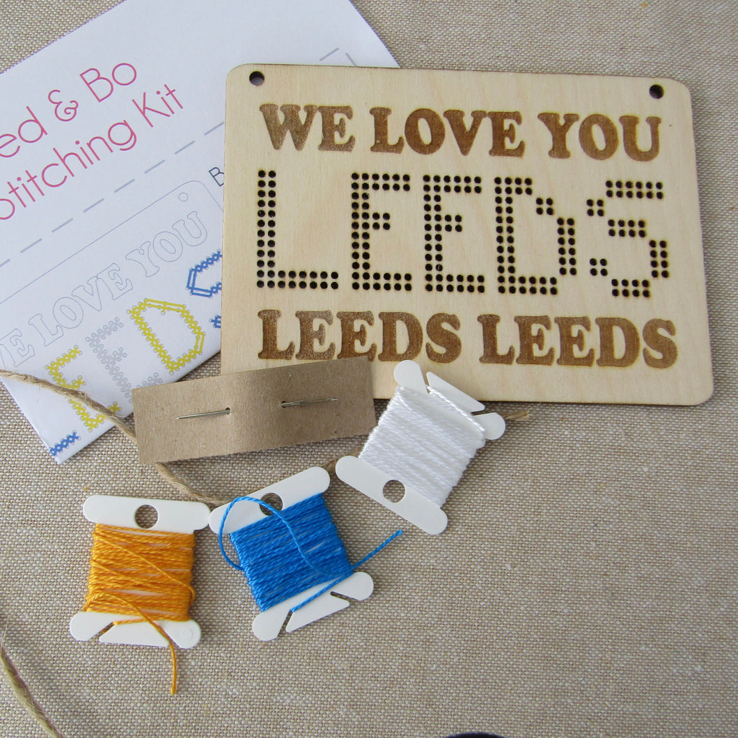 We Love You Leeds Leeds Leeds” Cross Stitch Kit – Wooden Plaque for Leeds Fans