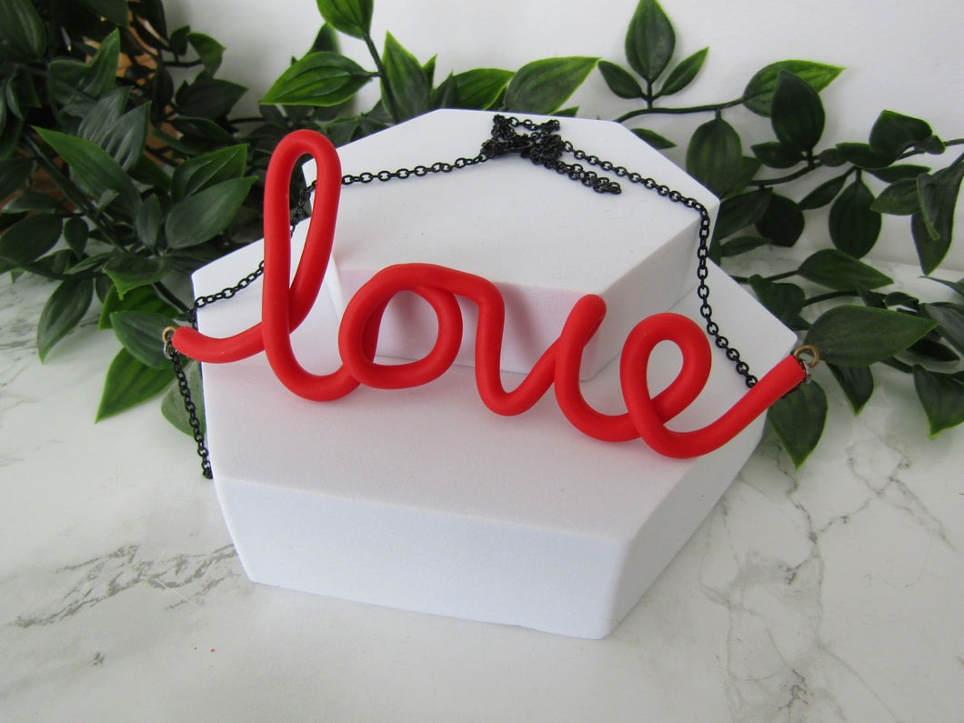 Induere | Handmade LOVE Necklace | Cursive Polymer Clay Word Pendant | Poppy Red