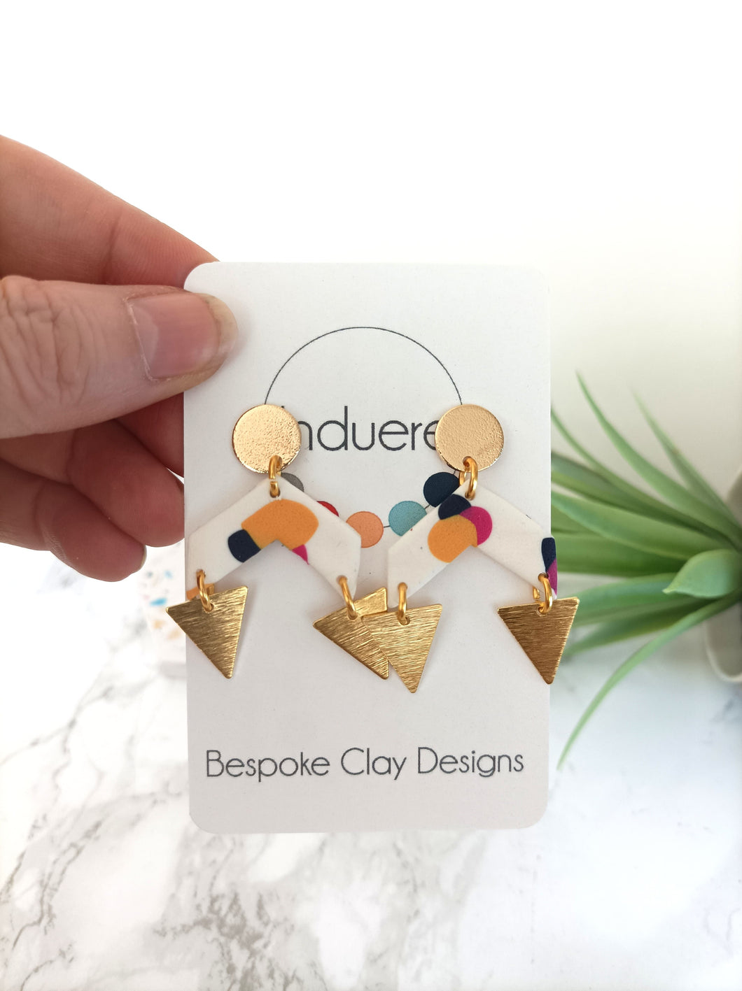 Statement Polymer Clay Dangle Drop Earrings | Kerry | White, Navy, Mustard & Pink Chevron with Brass Charm 7H