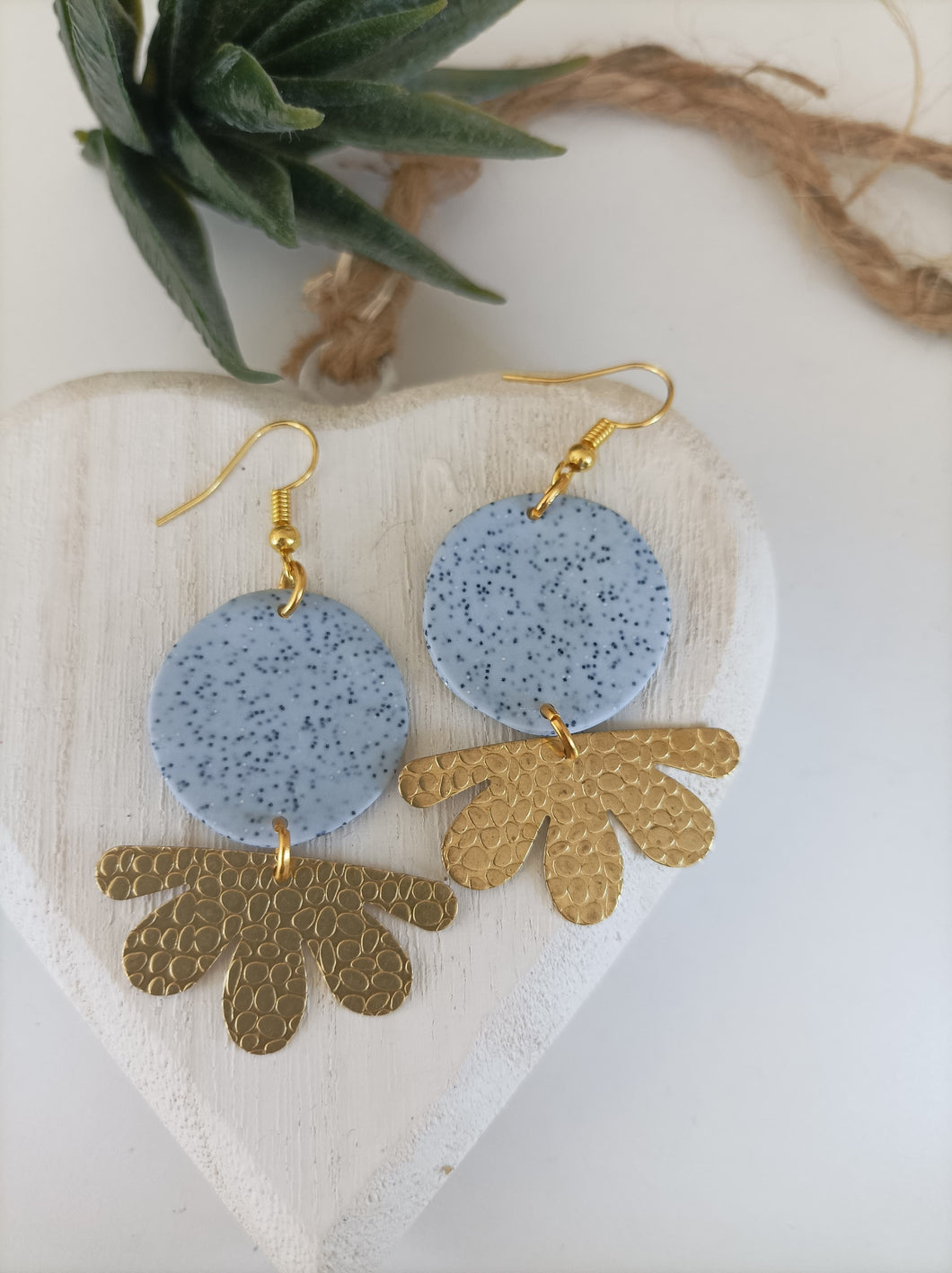 Grey Blue Polymer clay with gold findings dangle earrings. Handmade earrings, Local gift shop small business Leeds. Made in the UK