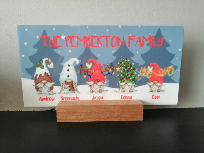 Personalised family gift. Tomte, gnome, christmas elf family plaque. Handmade in UK small personalised gift business in Leeds