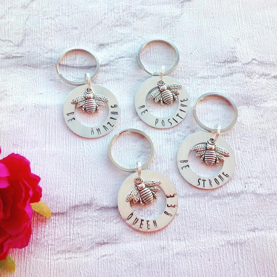 Washer and Bee charm hand stamped metal keyring - Fred And Bo