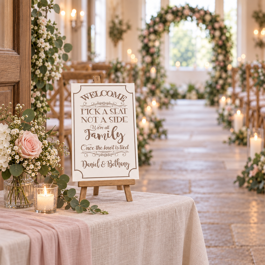 Pick a seat not a side personalised wedding sign plaque