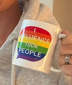 Influencer Celebration Mug – “I Influence 100k People” LGBTQ+ flag speech bubble Ceramic Mug