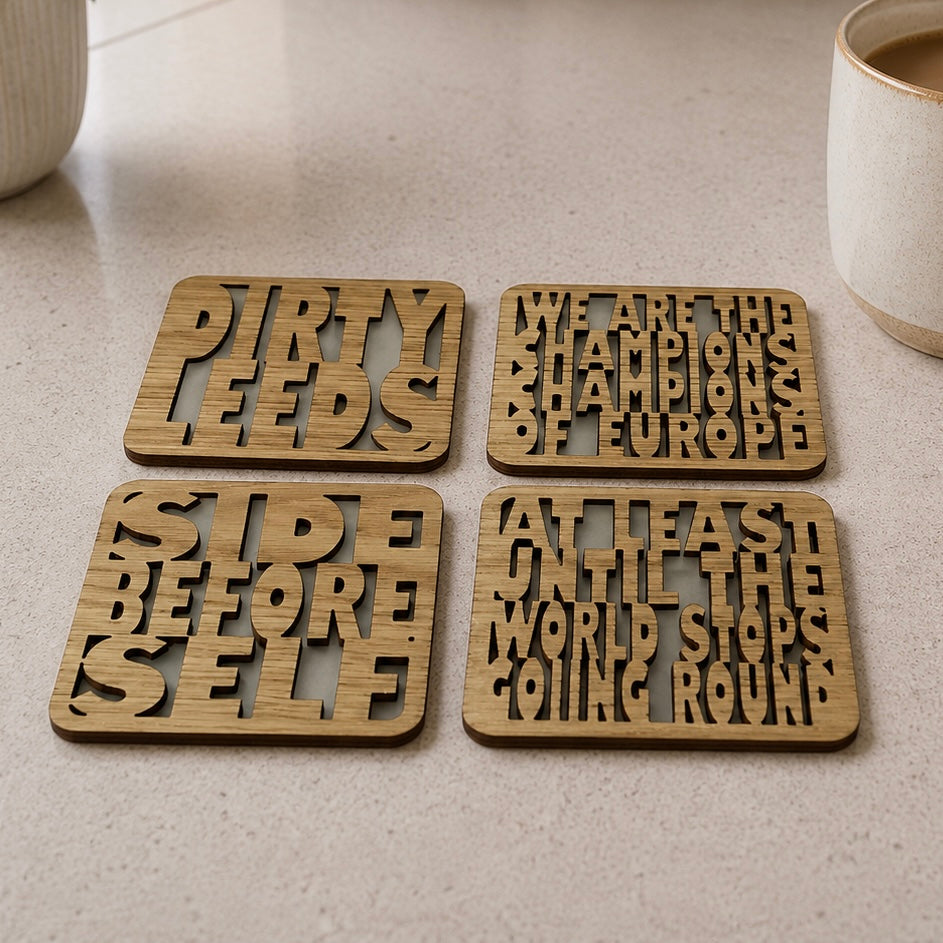 Set of 4 Leeds Football Coasters - Laser Cut Coaster Mini Plaque - Oak Veneer -Set 2