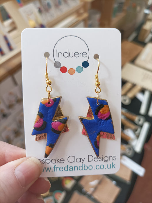 Induere Designs Polymer Clay Earrings| Blue Leopard Lightening Bolt 17F