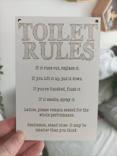 Bathroom humour laser engraved plaque - Toilet Rules