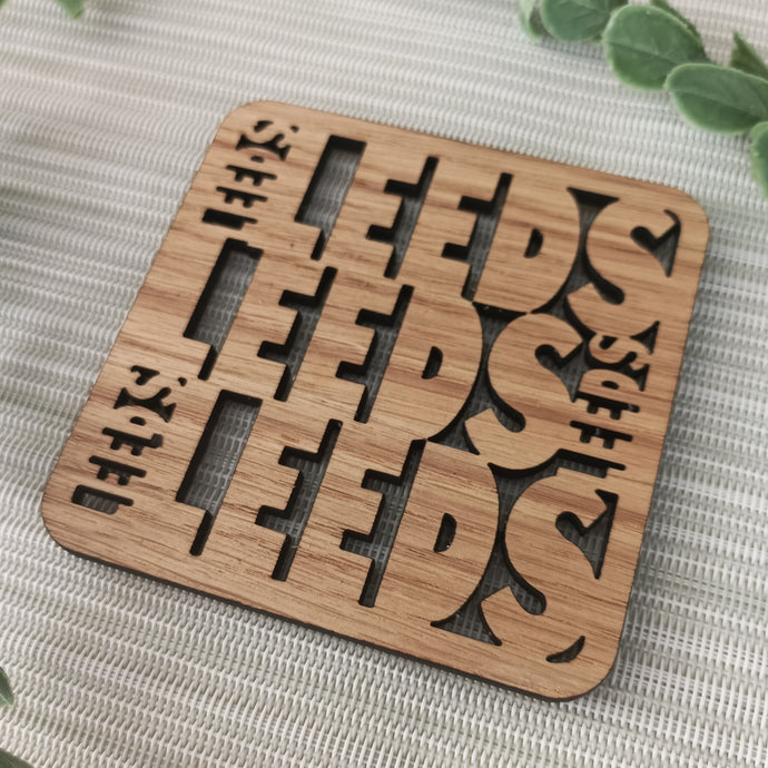 Leeds Leeds Leeds - Laser Cut Coaster Mini Plaque - Oak Veneer