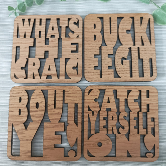 Set of 4 Belfast Slang Coasters - Laser Cut Coaster Mini Plaque - Oak Veneer