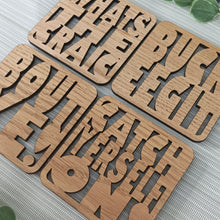 Set of 4 Belfast Slang Coasters - Laser Cut Coaster Mini Plaque - Oak Veneer