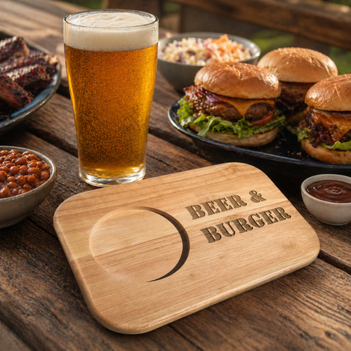 Laser Engraved Wooden Board – “Beer & Burger” | Father’s Day Gift |  Beer & Burger BBQ Tray
