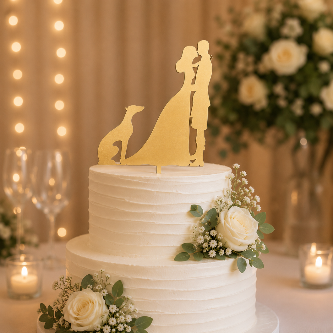 Bride, groom and dog - greyhound cake topper - wedding - anniversary - engagement