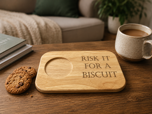 Laser Engraved Wooden Biscuit Board – “Risk It For A Biscuit” | Tea & Coffee Gift | Mug & Snack Holder