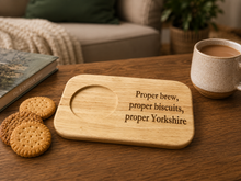 Laser Engraved Wooden Biscuit Board – “Proper brew, proper biscuits, proper Yorkshire” | Tea & Coffee Gift | Mug & Snack Holder