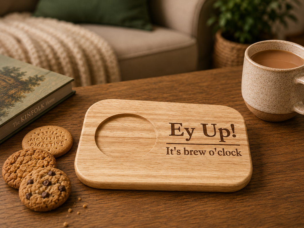 Engraved Wooden Biscuit Board – “Ey Up! It’s Brew O’clock”| Tea & Coffee Gift | Mug & Snack Holder