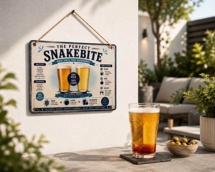 Vintage Snakebite aluminium sign displayed in a stylish Italian-inspired garden bar with warm lighting, stone walls, greenery, and a cocktail glass in the foreground.