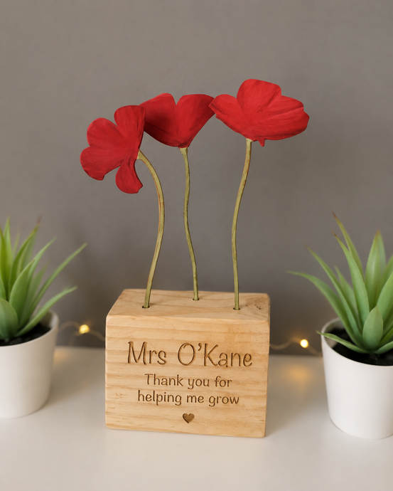 Teacher gift - Poppy hand painted wooden flower block - 3 Flowers
