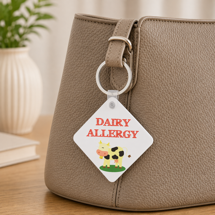 Dairy Allergy Medical Alert Keyring – Milk Allergy Awareness Bag Tag – Personalised Option