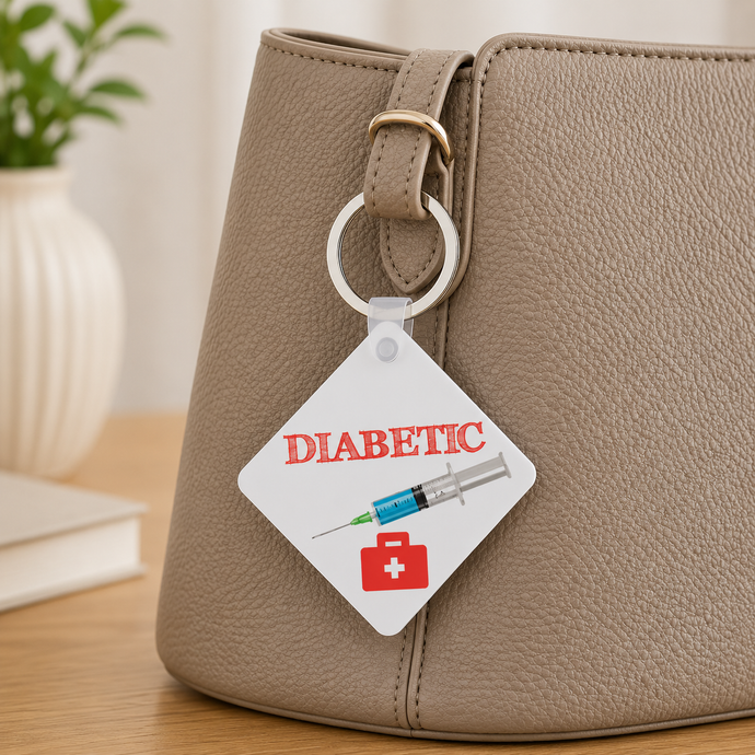 Diabetic Medical Alert Keyring – Diabetes Awareness Emergency Bag Tag – Personalised Option