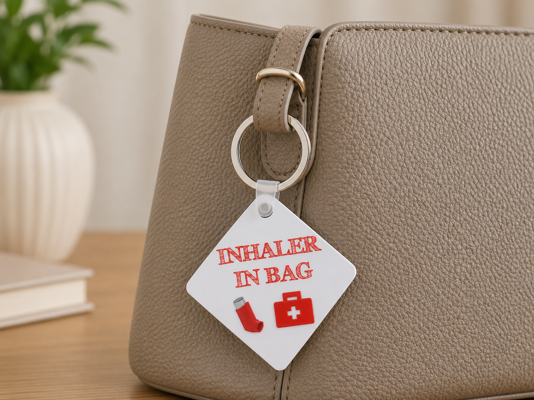 Inhaler in Bag Medical Alert Keyring – Asthma Medication Emergency Bag Tag – Personalised Option