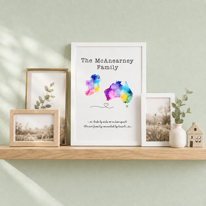Family across the miles- personalised print- moving gift - Rainbow Edition