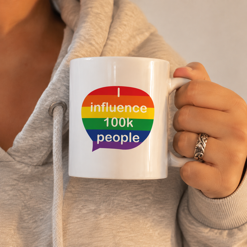 Influencer Celebration Mug – “I Influence 100k People” LGBTQ+ flag speech bubble Ceramic Mug
