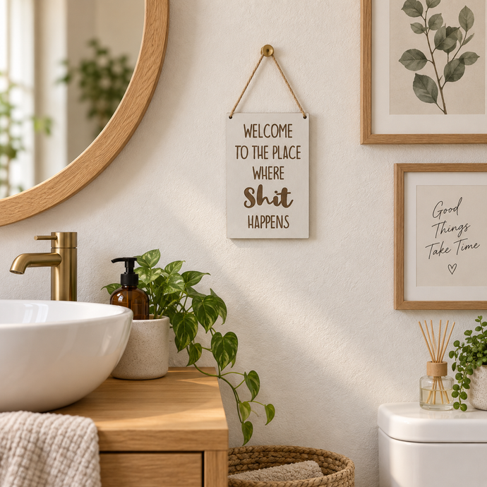 Bathroom humour laser engraved plaque - Welcome to the place where shit happens