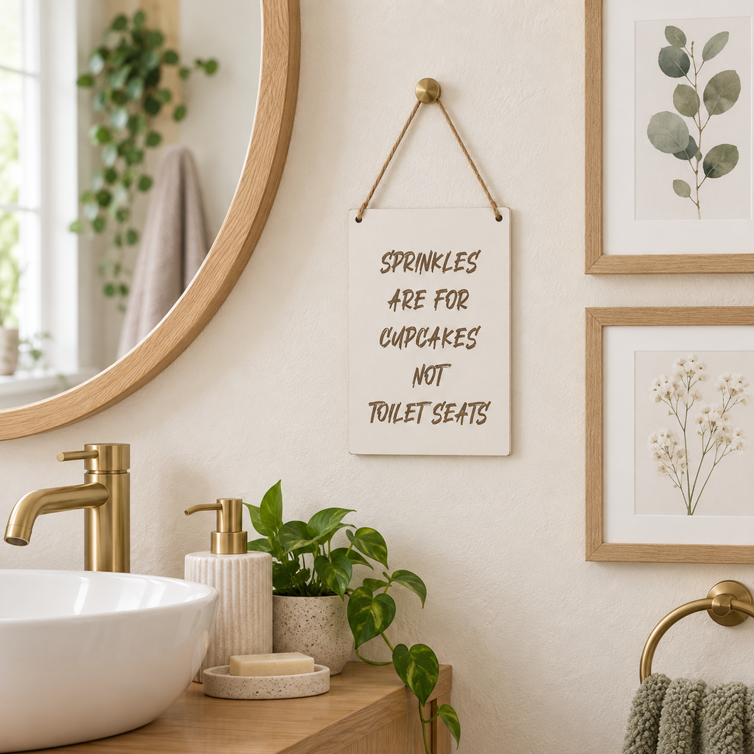 Bathroom humour laser engraved plaque - Sprinkles