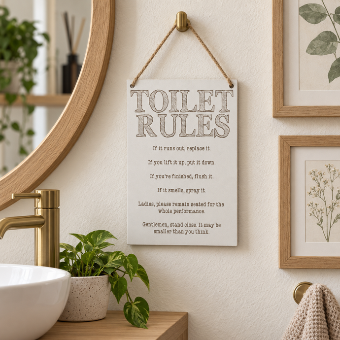 Bathroom humour laser engraved plaque - Toilet Rules
