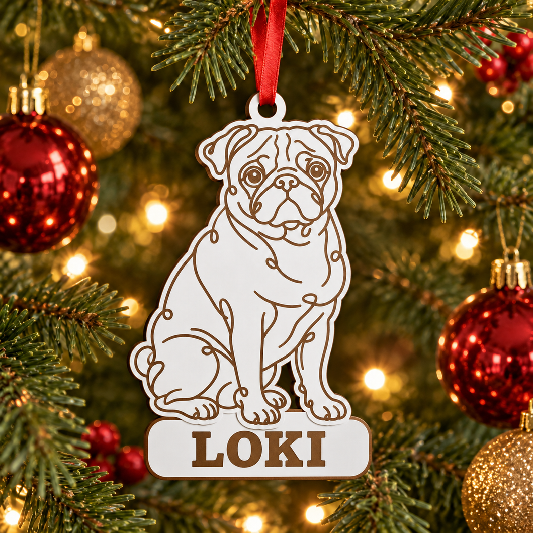 Engraved Pug Dog Breed Christmas Bauble – Personalised Pet Keepsake