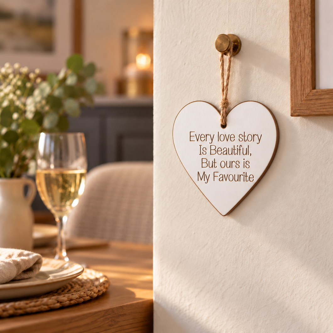 Heart- hanging heart- Every love story is beautiful -  Laser engraved