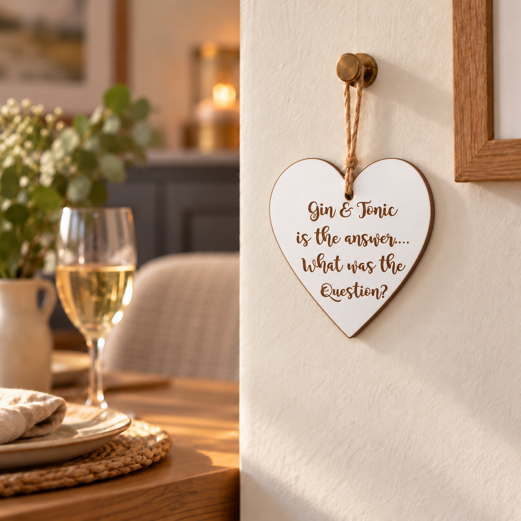 Heart- hanging heart Gin & Tonic is the answer -  Laser engraved