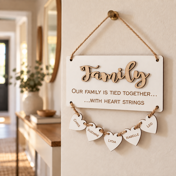 Family heart strings personalised plaque
