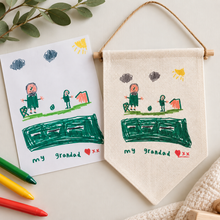 Childs drawing printed on a Hanging Banner Flag-
