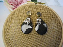 Induere - Polymer Clay Earring | Black & White marble drop with Gold & Crystal 8E