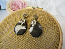 Induere - Polymer Clay Earring | Black & White marble drop with Gold & Crystal 8E
