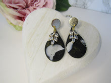 Induere - Polymer Clay Earring | Black & White marble drop with Gold & Crystal coloured findings.