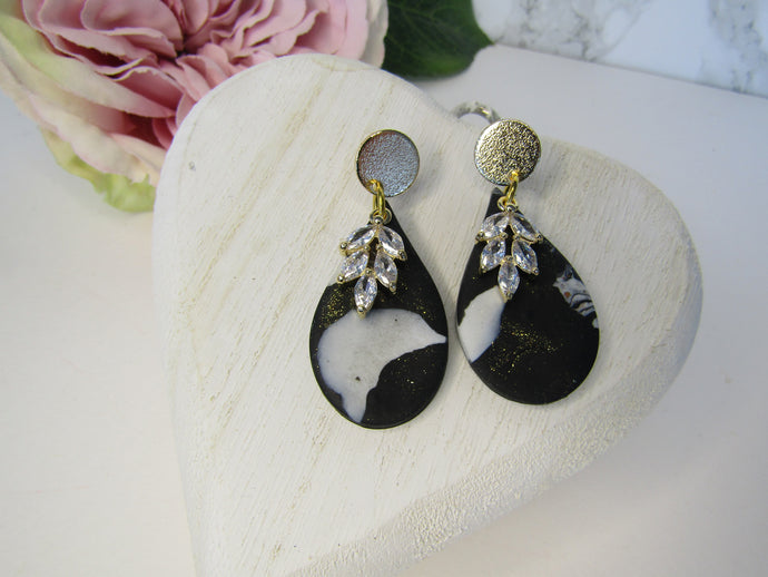 Induere - Polymer Clay Earring | Black & White marble drop with Gold & Crystal 8E