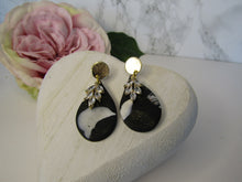 Induere - Polymer Clay Earring | Black & White marble drop with Gold & Crystal 8E