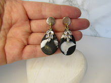 Induere - Polymer Clay Earring | Black & White marble drop with Gold & Crystal 8E