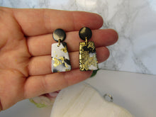 Induere - Polymer Clay Earring | Black, White & Gold Marble Rhombus Drop