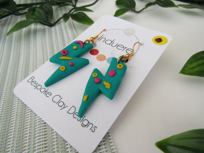 Induere - Polymer Clay Earring Green Disco Zig zag Lightening Bolt Dangle - 10E