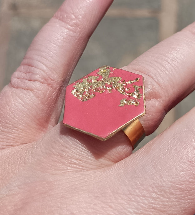 Modern Polymer Clay Adjustable Ring Terracotta Gold Hexagon R50