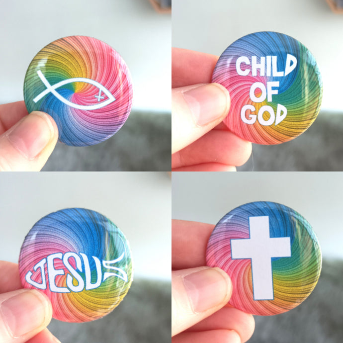 Christian Symbols Badges set of 4 Bright Rainbow - Button Badge 38mm