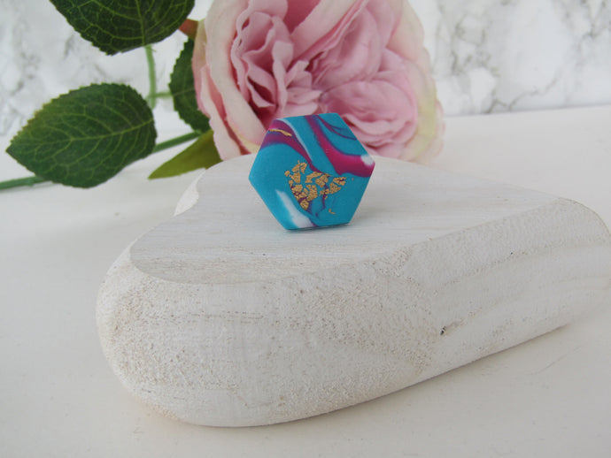 Modern Polymer Clay Adjustable Ring Blue, Pink & Gold Marble Hexagon R2