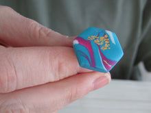 Modern Polymer Clay Adjustable Ring Blue, Pink & Gold Marble Hexagon R2