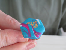Modern Polymer Clay Adjustable Ring Blue, Pink & Gold Marble Hexagon R2
