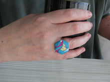 Modern Polymer Clay Adjustable Ring Blue, Pink & Gold Marble Hexagon R2