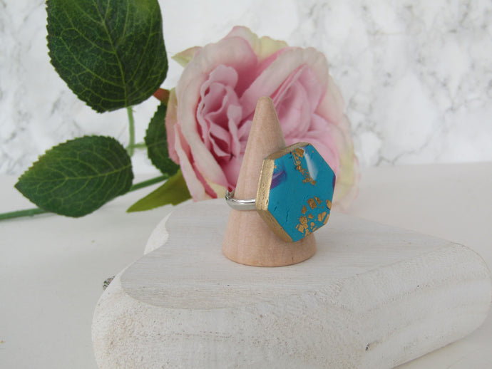 Modern Polymer Clay Adjustable Ring Blue, Pink & Gold Marble Hexagon R3
