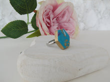 Modern Polymer Clay Adjustable Ring Blue, Pink & Gold Marble Hexagon R3